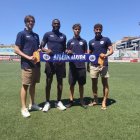Marc Arnau, Lamine Diaby, Bilal Achhiba i Joan Campins posen al Municipal Ramon Farrús. - X.P.