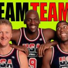 Larry Bird, Michael Jordan y Magic Johnson promocionando el Dream Team.