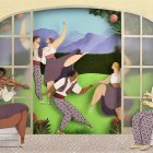 Una de les il·lustracions de Sonia Alins per al projecte ‘Música en dansa’, amb ballarins i dos músics. - SONIA ALINS