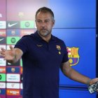 Hansi Flick, ahir en la roda de premsa prèvia al partit d’avui. - EFE