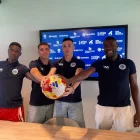 Alya Camara, Pablo Bolado, Carlos Mas i Steve Aldo One, que l’Atlètic Lleida va presentar ahir. - X.C.