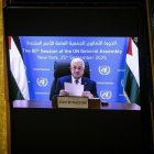 El president palestí, Mahmud Abbas, parlant per videoconferència a causa del veto dels EUA. - EUROPA PRESS/NACIONS UNIDES