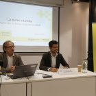 El president de Pimec Lleida, Borja Solans, i el director d'Estudis i Anàlisi Econòmica de Pimec, Moisès Bonal, durant la presentació de les dades de l'Anuari de la Pime Catalana 2025 a Lleida.