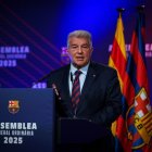 Joan Laporta, ahir durant la seua intervenció en l’assemblea de socis compromissaris. - FCB/GERMÁN PARGA