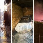 Efectius dels Bombers durant les tasques d’extinció (esquerra) i els dos vehicles que es van calcinar (dreta).