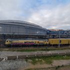 Un tren de mercaderies, aturat ahir a l’estació de Lleida.