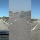 Un camió a punt de volcar a la carretera A-242 entre Seròs i  Fraga, criticada pel mal estat