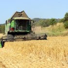 Una màquina recol·lectora treballant en un camp a l'Anoia