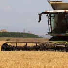 Imatge d’una màquina recol·lectora treballant en una finca a Alfés. - ACN