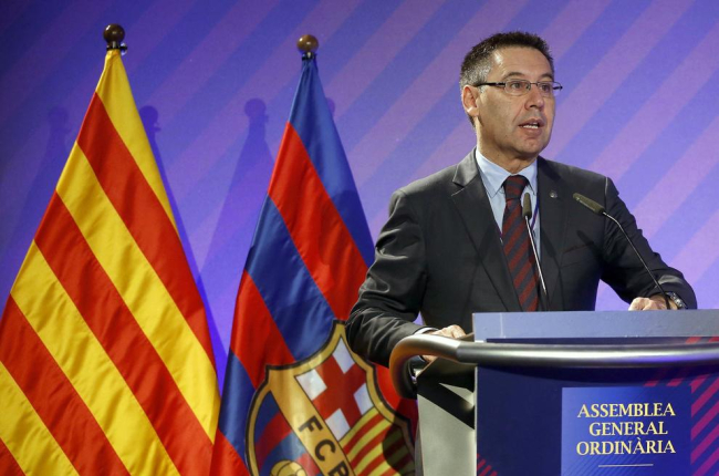 Josep Maria Bartomeu, ahir mentre es dirigia a l’Assemblea de Socis Compromissaris del FC Barcelona.
