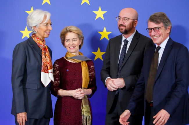 Lagarde, Von der Leyen, Michel y Sassoli, ayer en Bruselas.