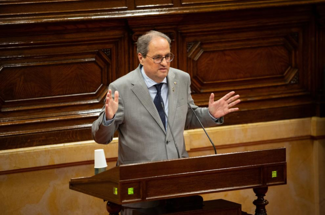 El president de la Generalitat, Quim Torra, durant la intervenció al ple d’ahir.