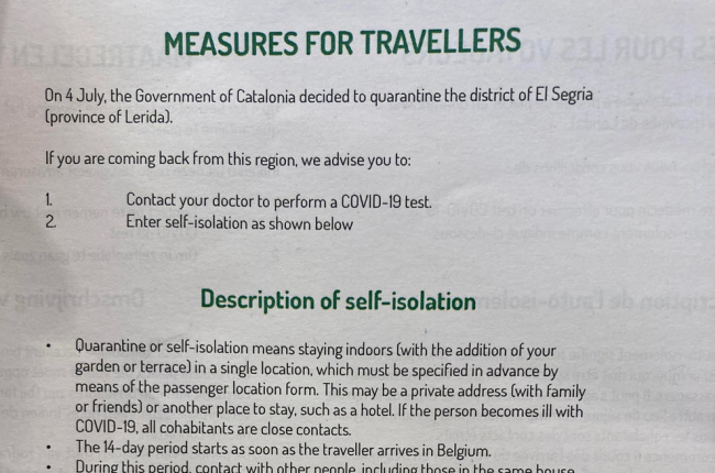 Bélgica pide a los viajeros que lleguen de Lleida y el Segrià que hagan cuarentena y un test de la covid-19