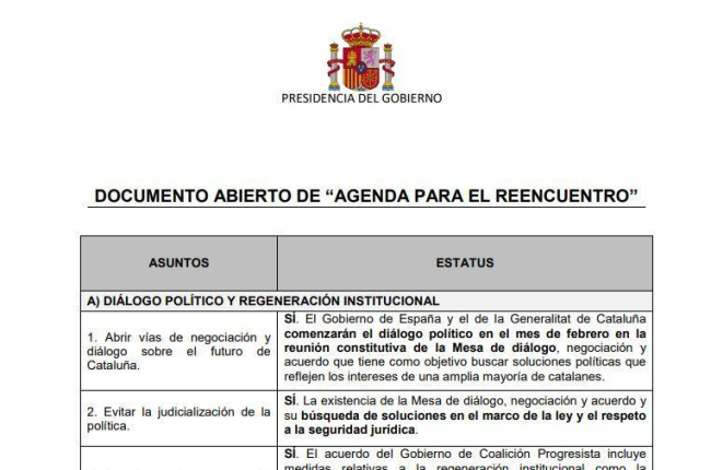 El Govern d'Espanya trasllada a la Generalitat una 'Agenda per al retrobament'