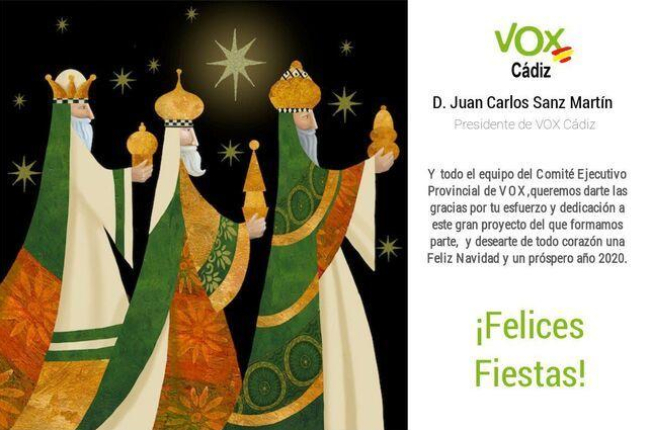 Una felicitació nadalenca de Vox Cádiz es fa viral en ser els tres Reis Mags blancs