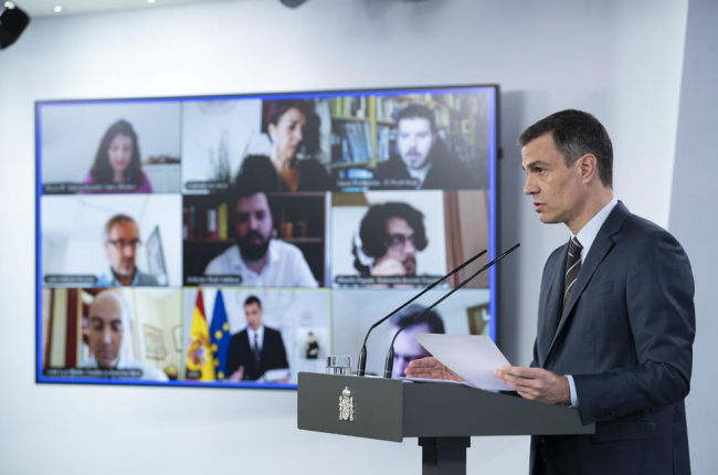 El president del Govern de l’Estat, Pedro Sánchez, ahir en roda de premsa al palau de la Moncloa.