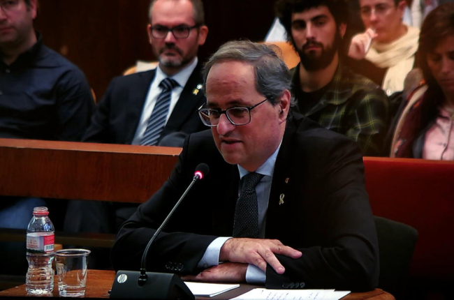 El president de la Generalitat, Quim Torra, respon les preguntes del seu advocat aquest dilluns durant el judici al TSJC.