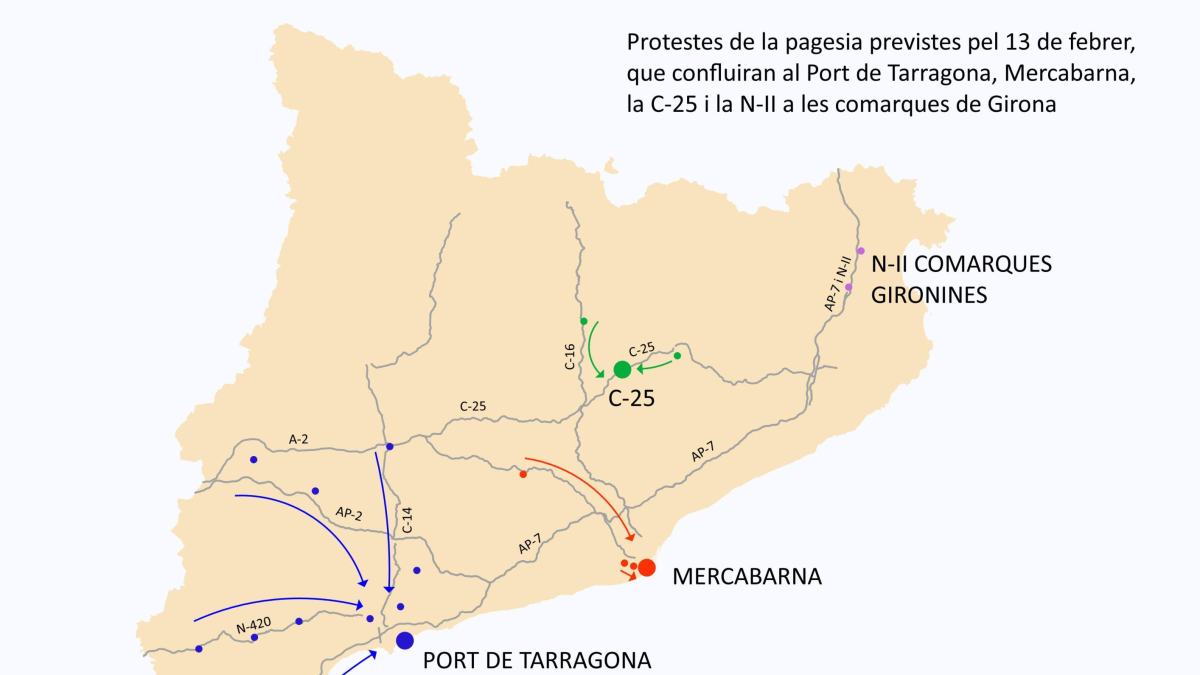 Mapa de las marchas de agricultores previstas este martes.