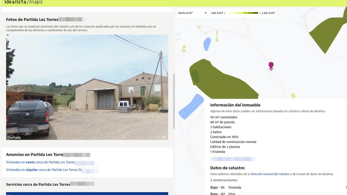 Una imatge del portal Idealista, on es poden veure les dades que ofereix el portal