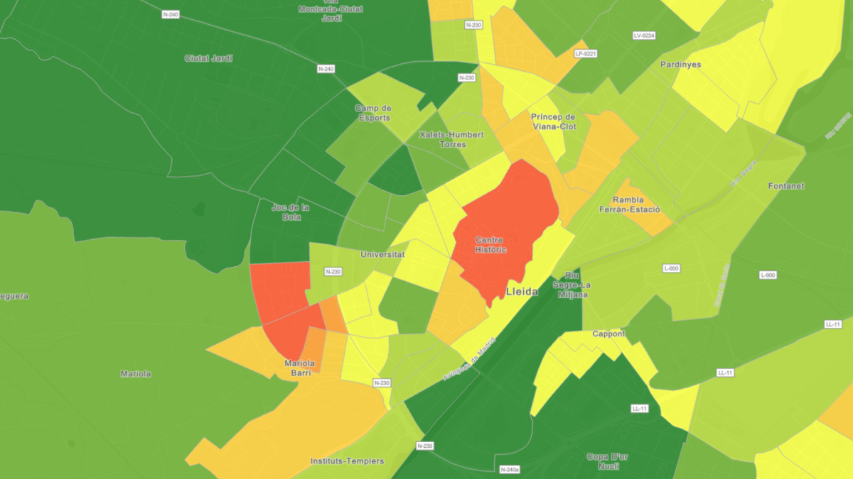 El mapa de la ciutat de Lleida amb la renda mitjana anual per casa el 2023.