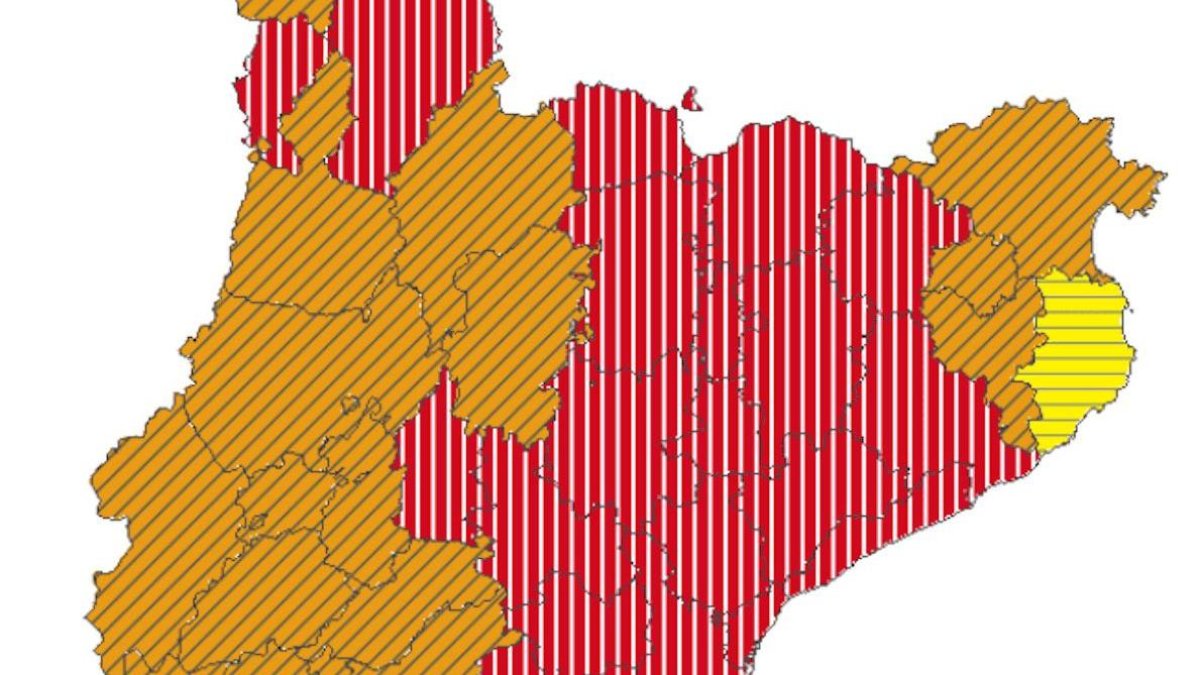 Mapa de perill per vent a Catalunya per a aquest dijous, amb comarques en vermell, perill màxim.