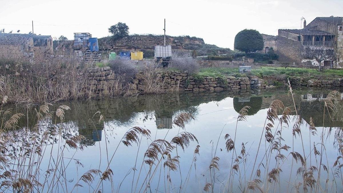 Vista de la bassa i el mur de pedra en el qual està previst intervenir per millorar la seguretat. - LAIA PEDRÓS