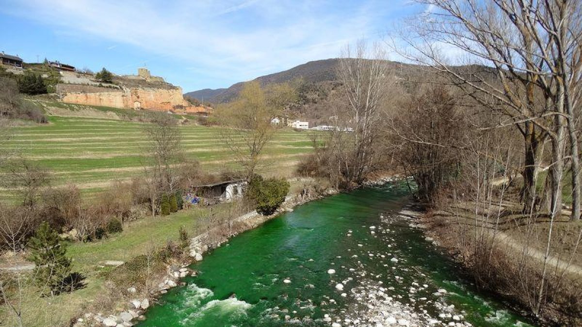 El riu Valira, tenyit de verd a La Seu d'Urgell