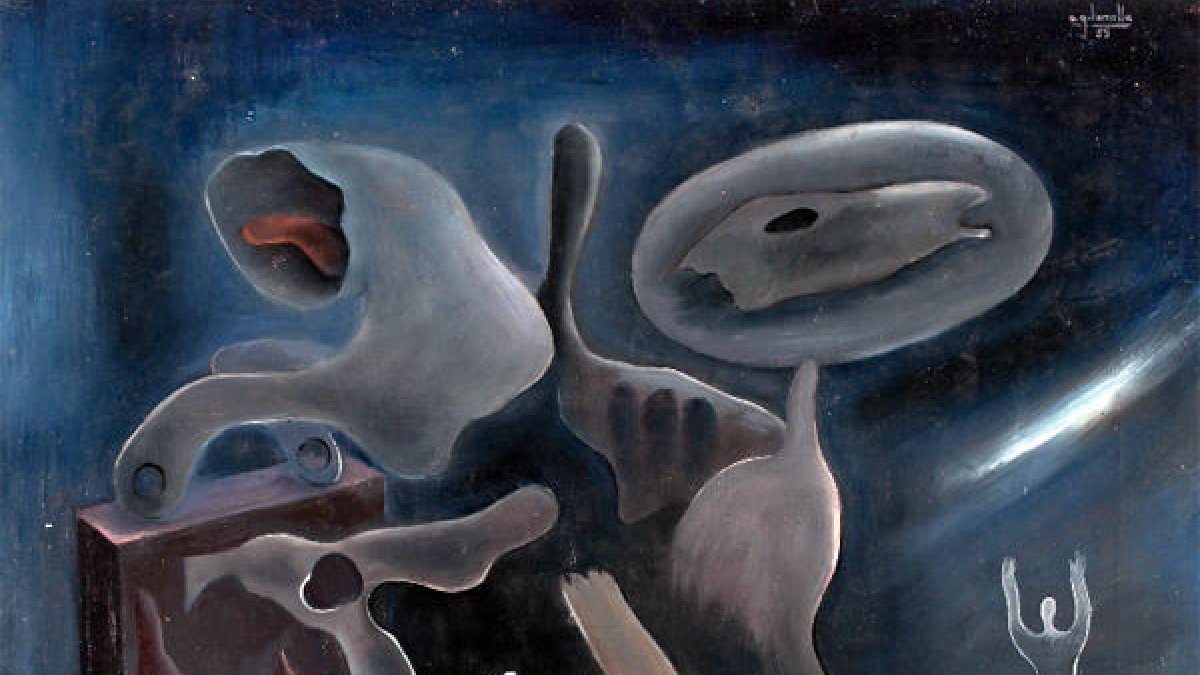 La tela surrealista de Garcia Lamolla ‘Sense títol’, del 1935 (e) i ‘La castissa’, de Baldomer Gili Roig (d).