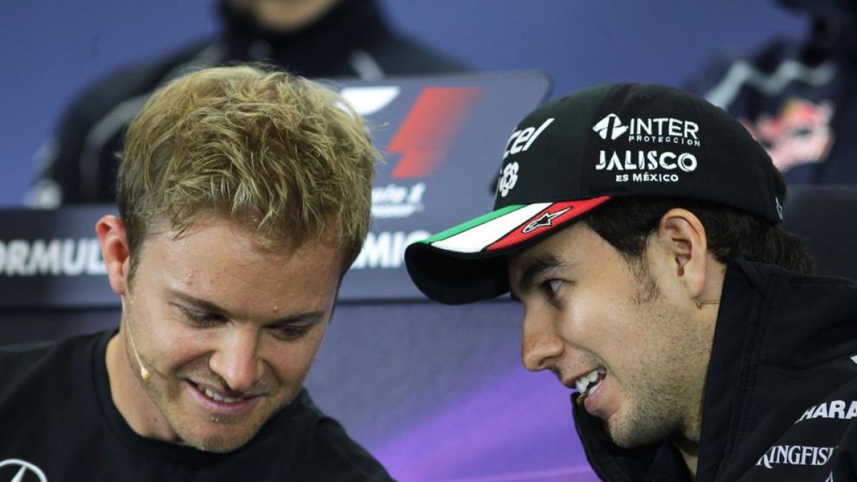 Rosberg i Pérez, ahir durant la roda de premsa.