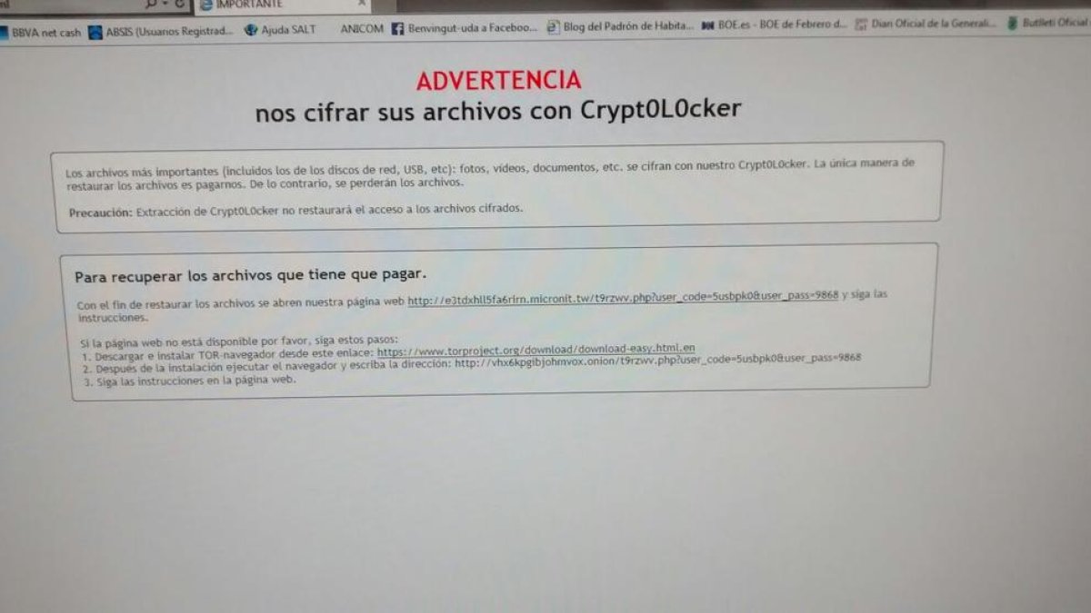 Una pantalla de l’ajuntament de Rialp després de l’encriptació.