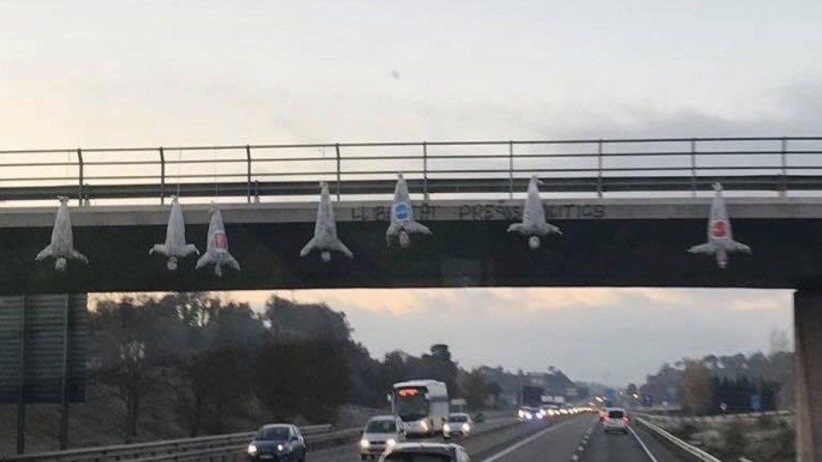 Unos desconocidos cuelgan en un puente muñecos de cabeza por aval con logos de Cs, PSC y PP