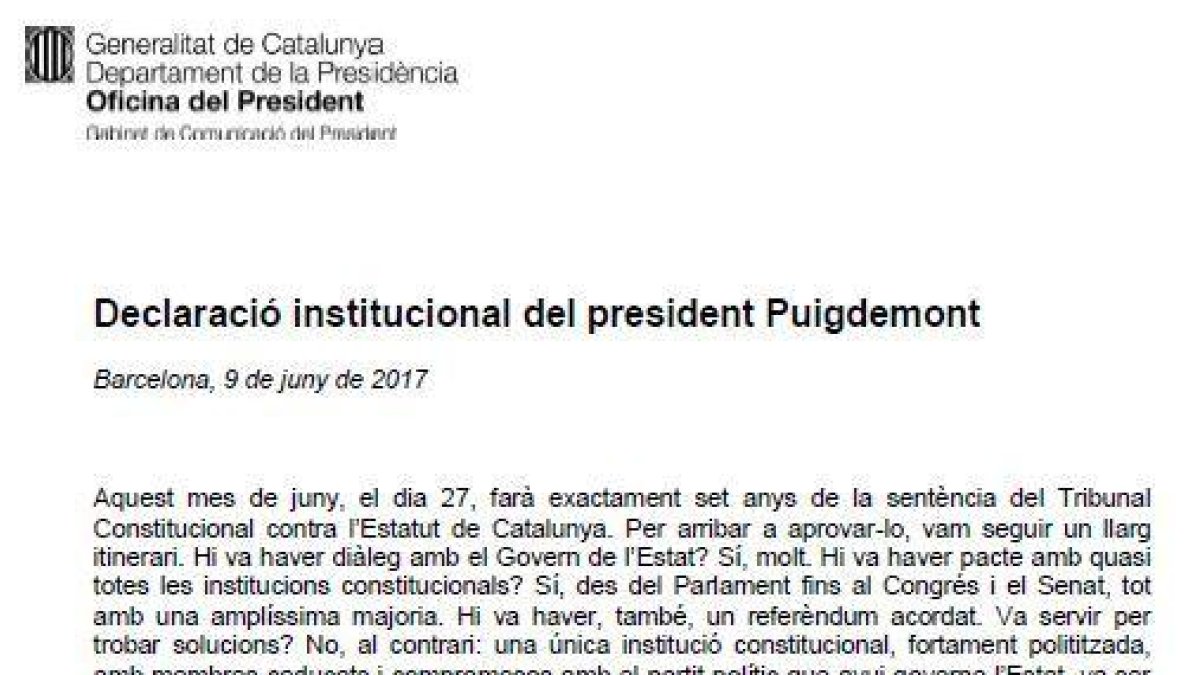 La declaració institucional del president Puigdemont