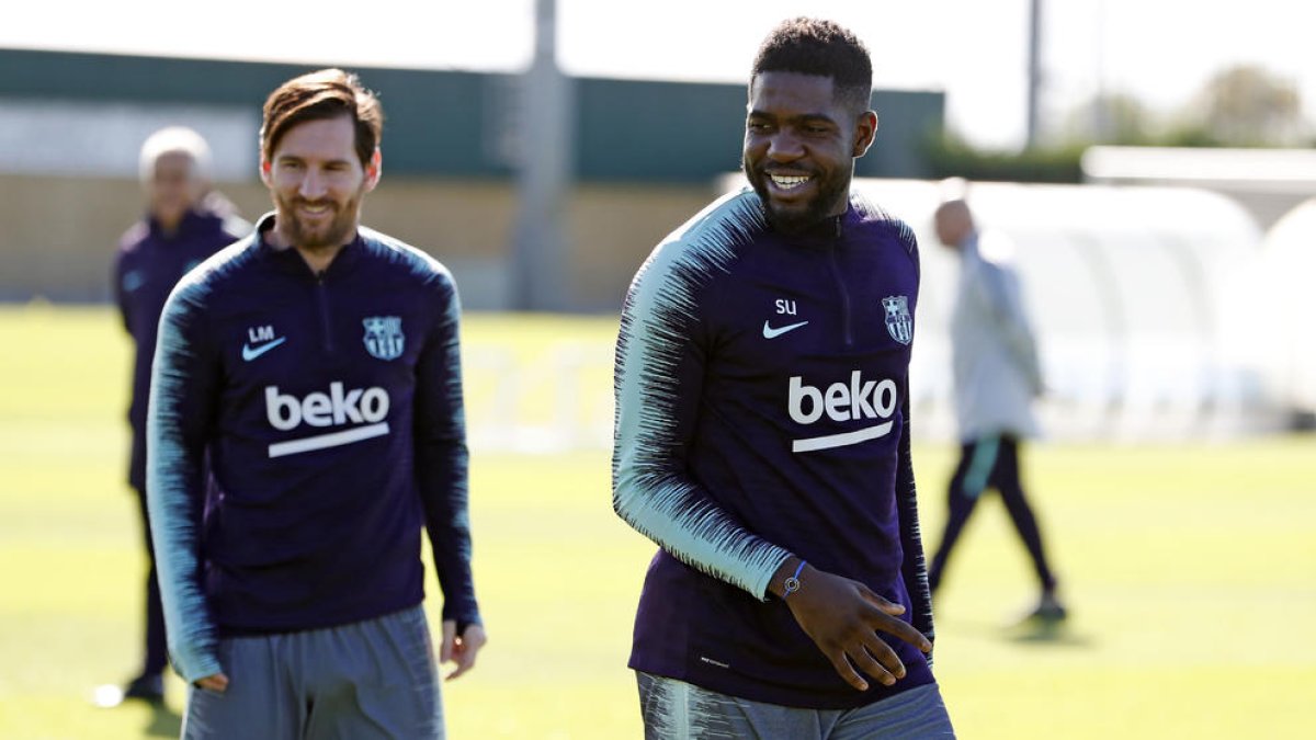 Messi i Umtiti, ahir durant la sessió d’entrenament.