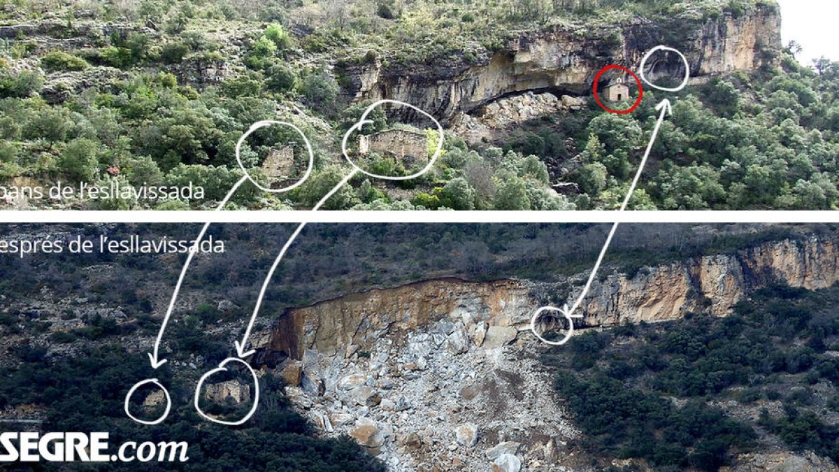 Imagen de antes y después del derrumbamiento en Castell de Mur