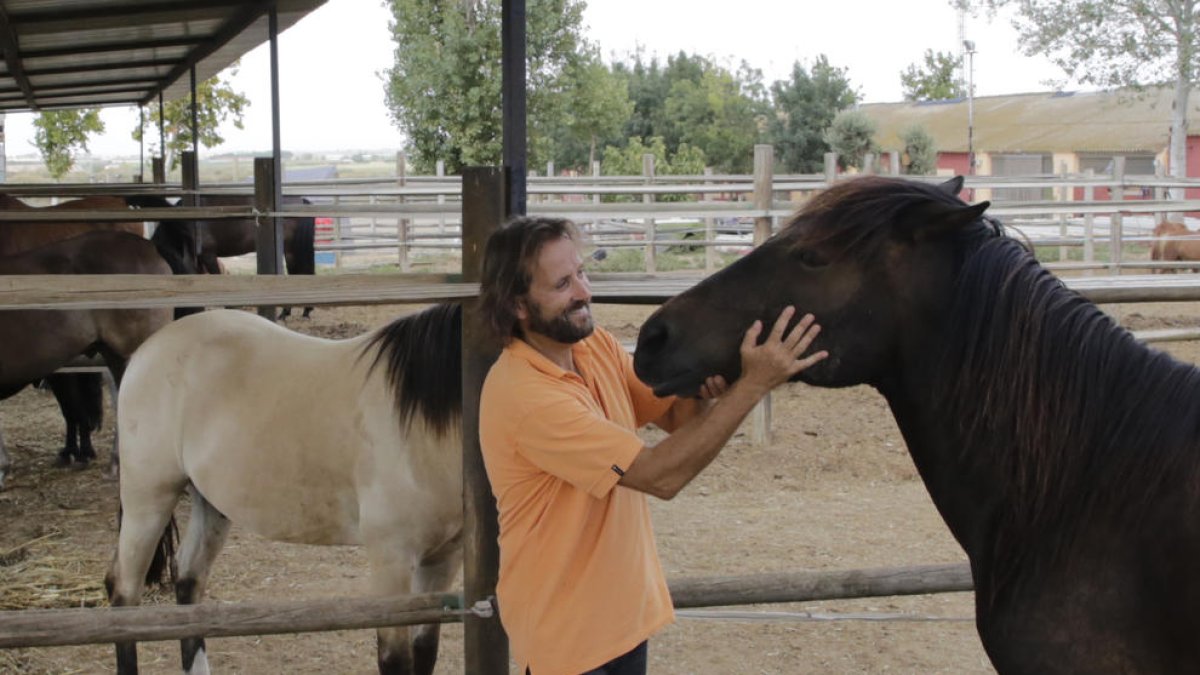 Carles Casanovas junto a algunos de los caballos del club Hípica L’Arca, que participan en clases de hípica y ejercicios terapéuticos.