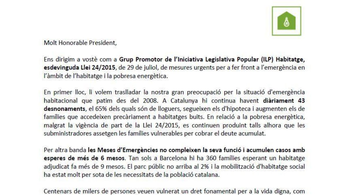 El grup promotor de la ILP Habitatge envia una carta a Quim Torra abans de la reunió amb Sánchez