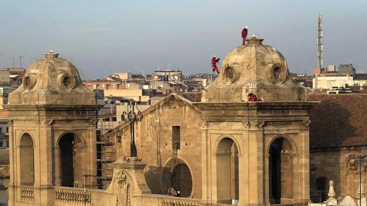Operarios de la empresa Cigueñastop instalando las redes en las cúpulas de la Catedral, ayer.