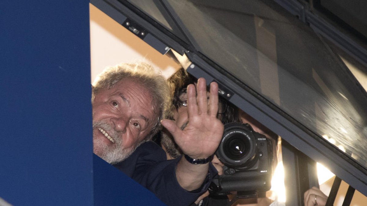 El expresidente brasileño, Luiz Inacio Lula da Silva, en la sede del sindicato Metalúrgico.