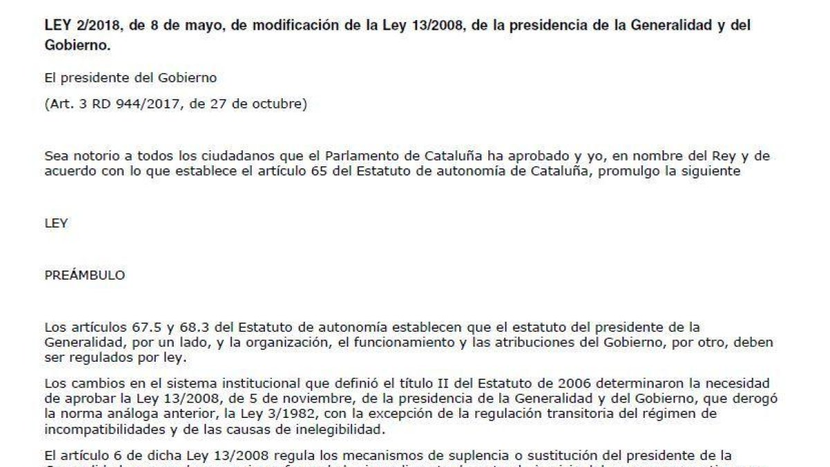 Publicada la Llei de Presidència de la Generalitat, que serà recorreguda al Constitucional