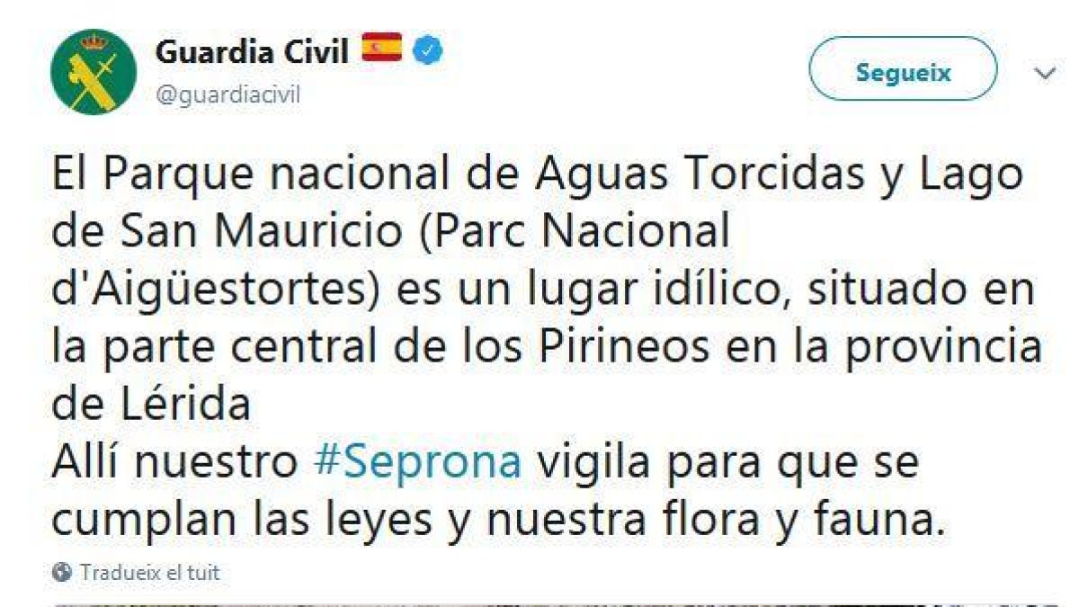 La Guardia Civil renombra Aigüestortes como 'Aguas Torcidas'