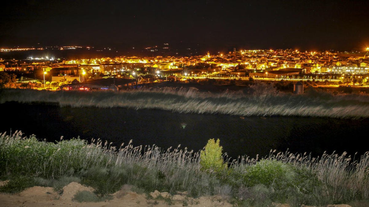 La balsa de riego por la que se activó el protocolo de seguridad, con Almacelles al fondo.