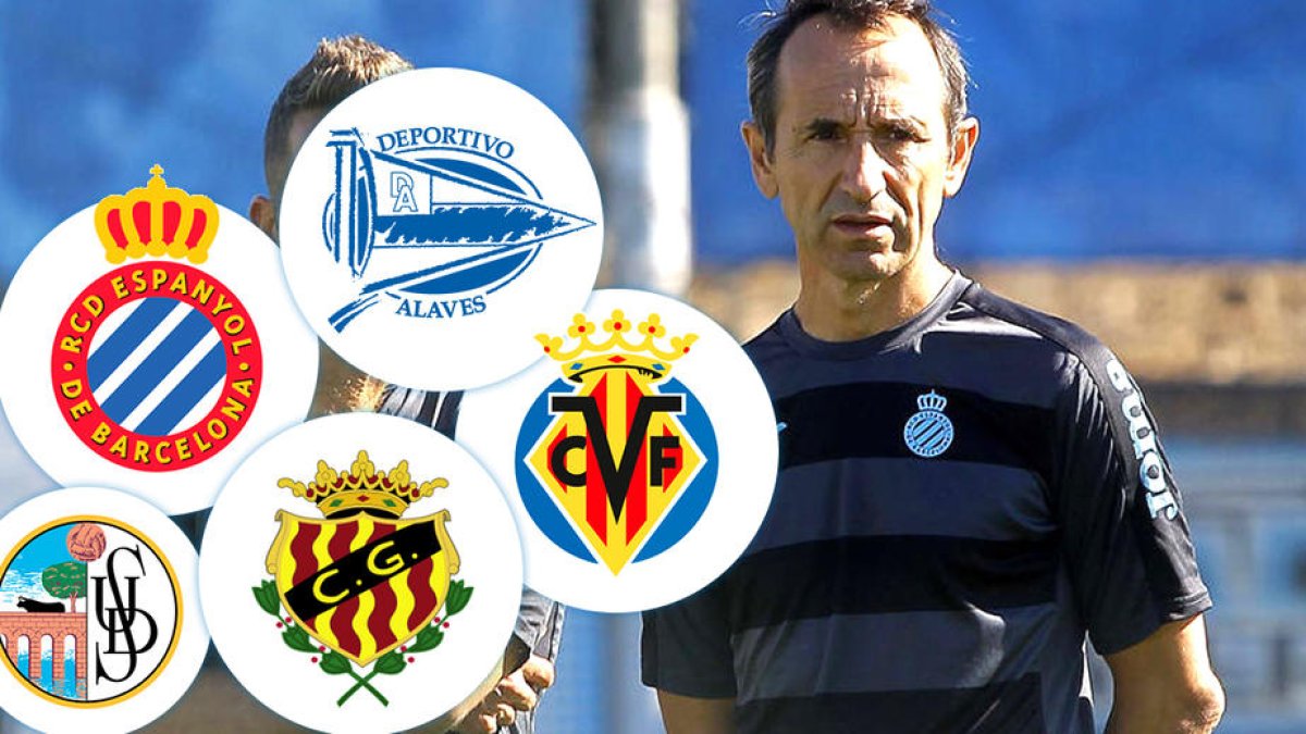 Juan Carlos Oliva, en un entrenament amb l'Espanyol al costat de l'exblau Raúl Tamudo.