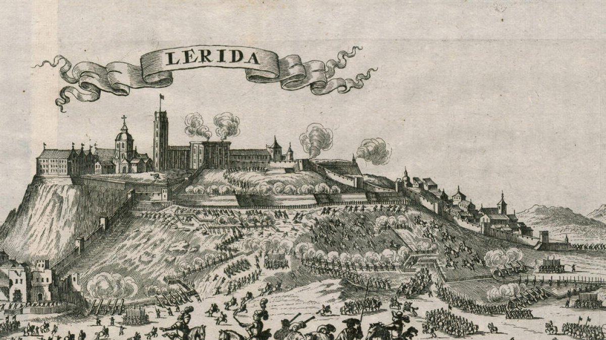 Grabado de Gabriel Bodenehr de 1720 sobre el asedio de las tropas borbónicas a Lleida en 1707.