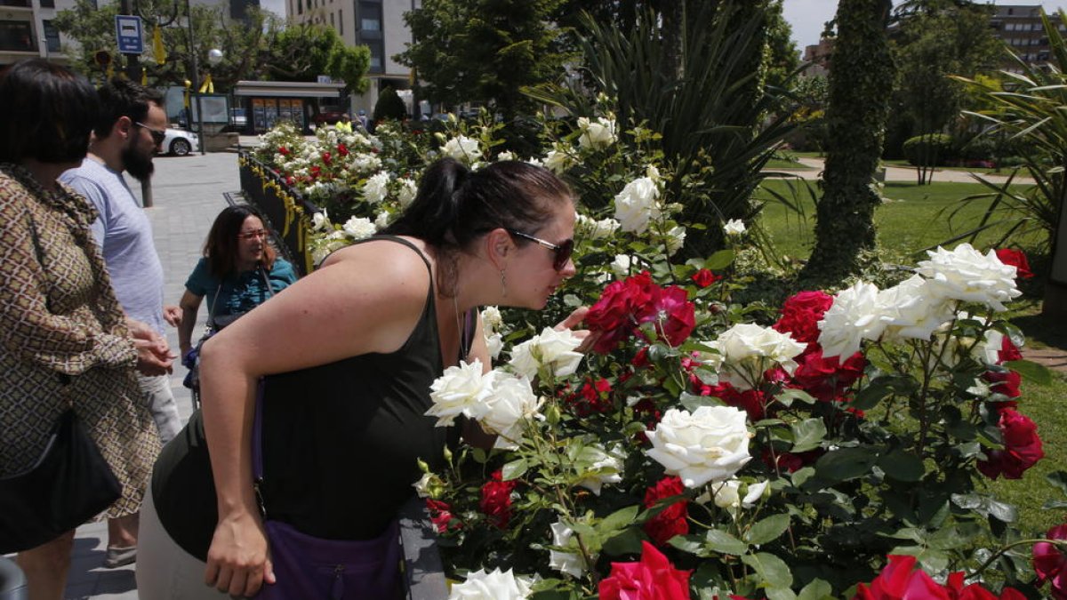 Una vecina de Juneda regando su creación.