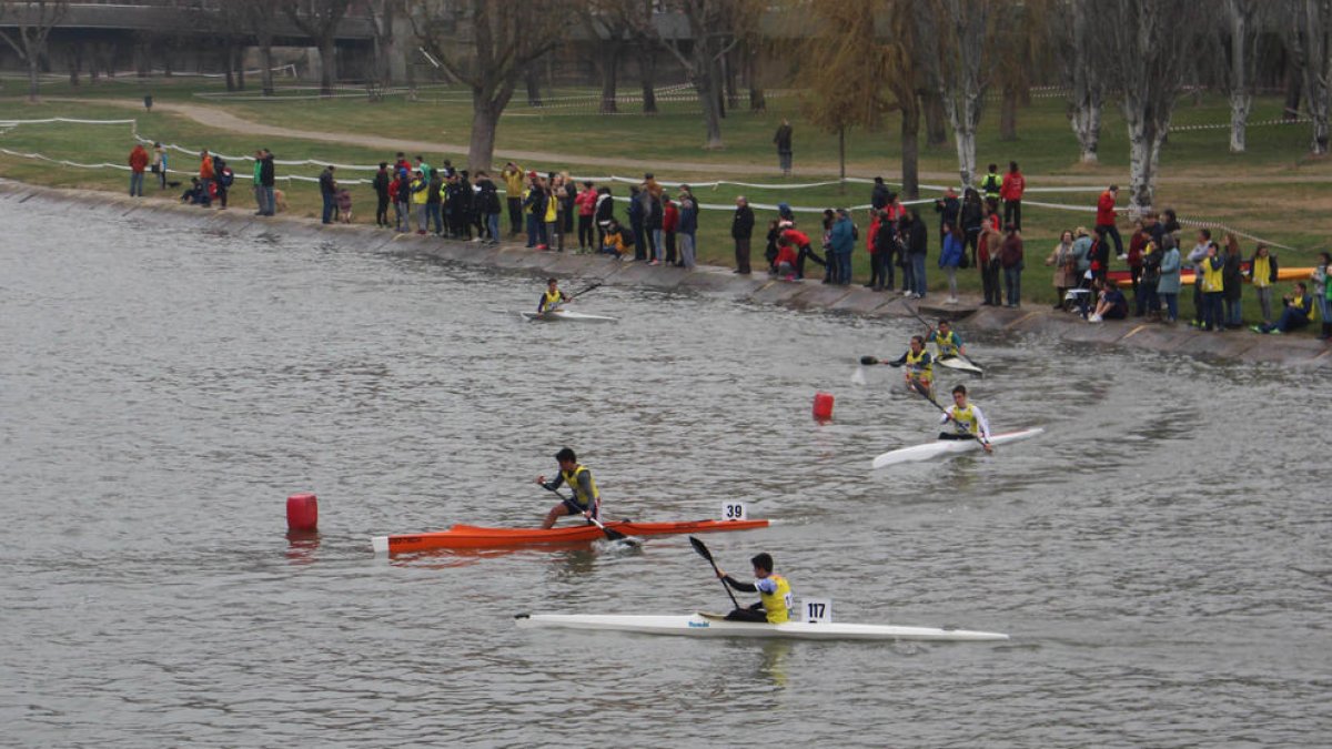 Uns palistes remant durant la Duatló Kayak Cross a Balaguer ahir.