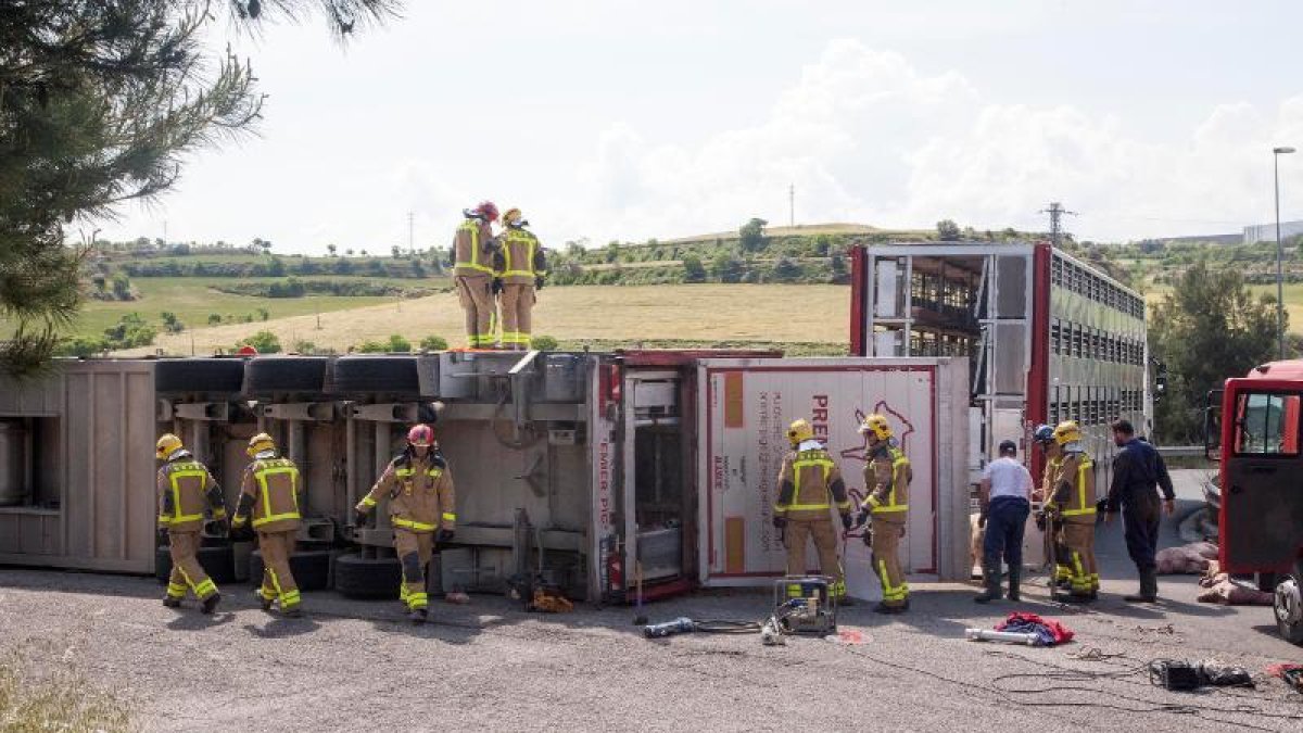 Varios efectivos de los bomberos, ayer, trabajando junto al camión volcado.