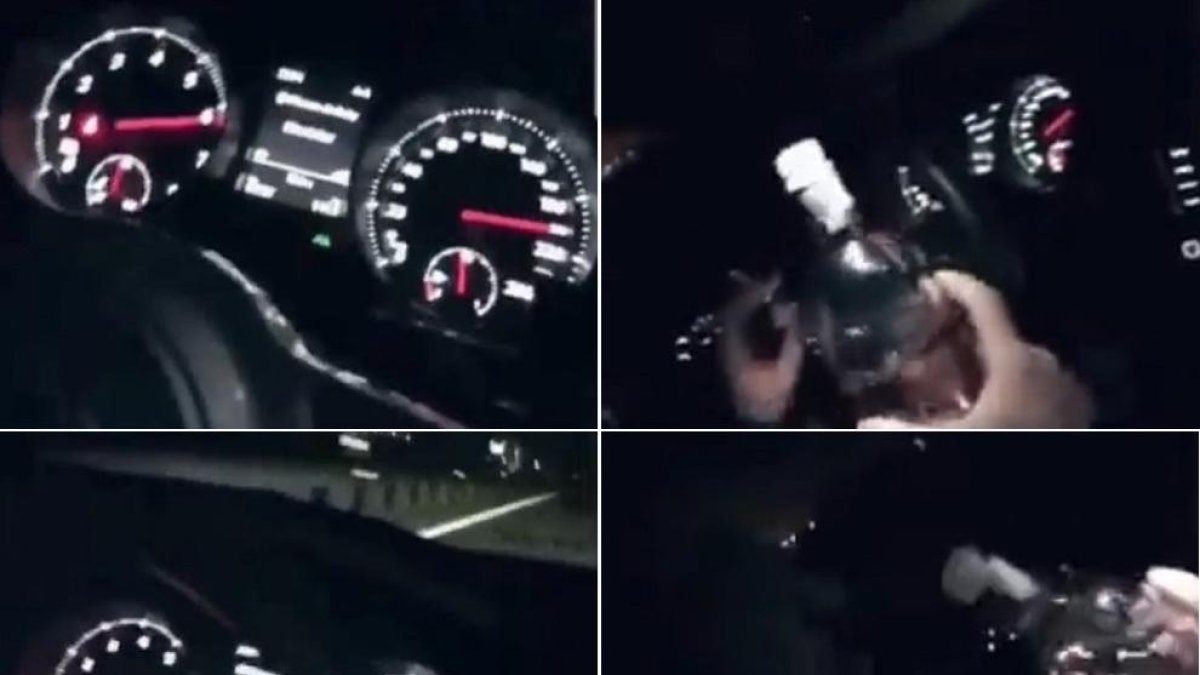 Quatre imatges del vídeo penjat a les xarxes en les quals es veu la velocitat i la botella d’alcohol.
