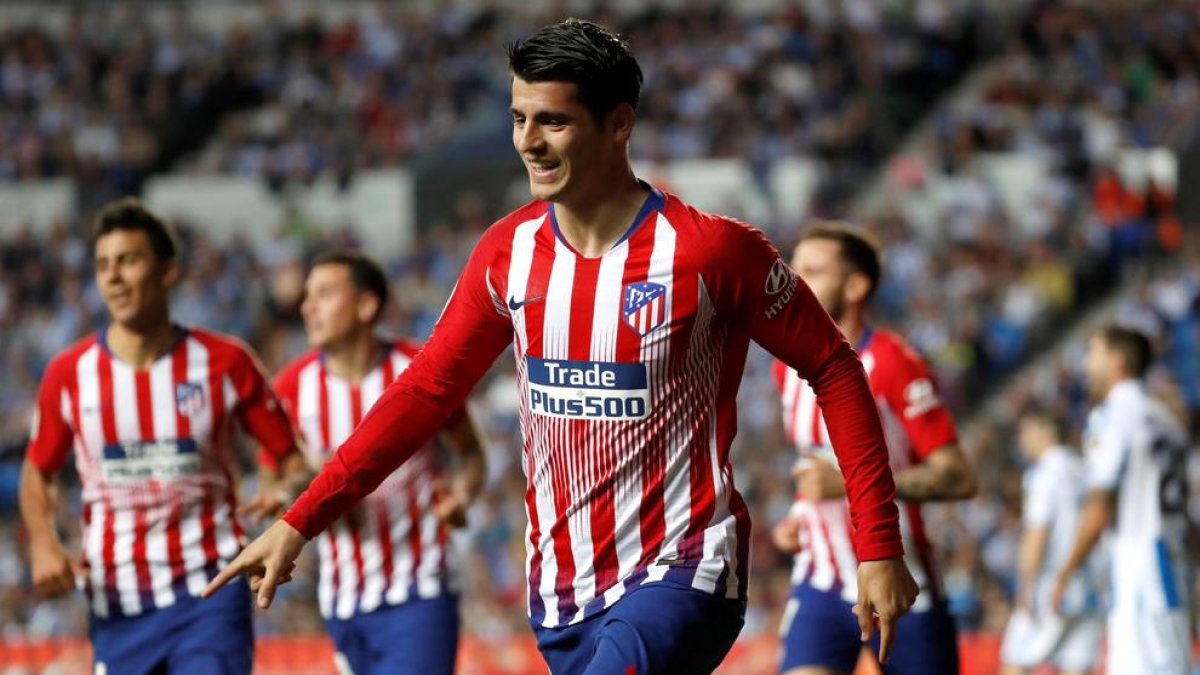 Álvaro Morata celebra el segundo tanto que marcó a la Real Sociedad.