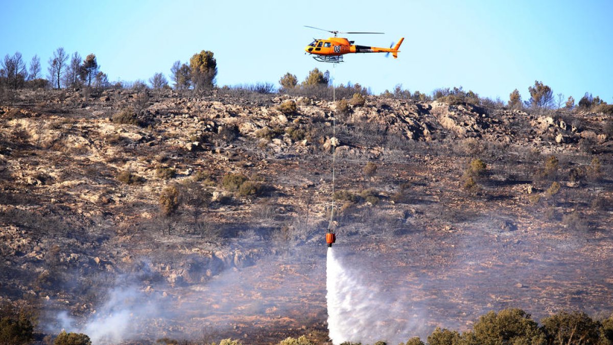 Fins a tretze dotacions de Bombers van treballar ahir en l’incendi forestal de Castelló de Farfanya.