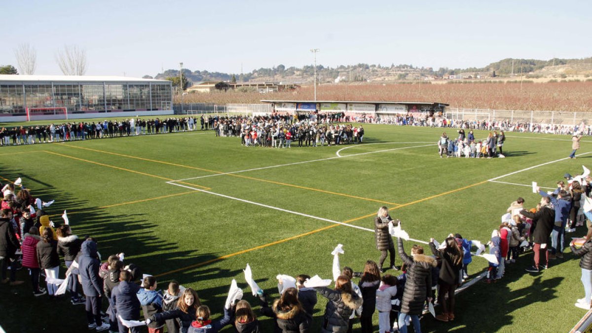 Més de 700 escolars d'Alpicat van celebrar l'efemèride al camp de futbol municipal.